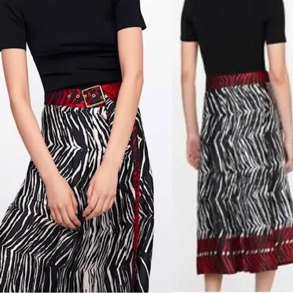 ZARA•zebra animal print pleated belted slit midi skirt skirt M NWT - Picture 2 of 3
